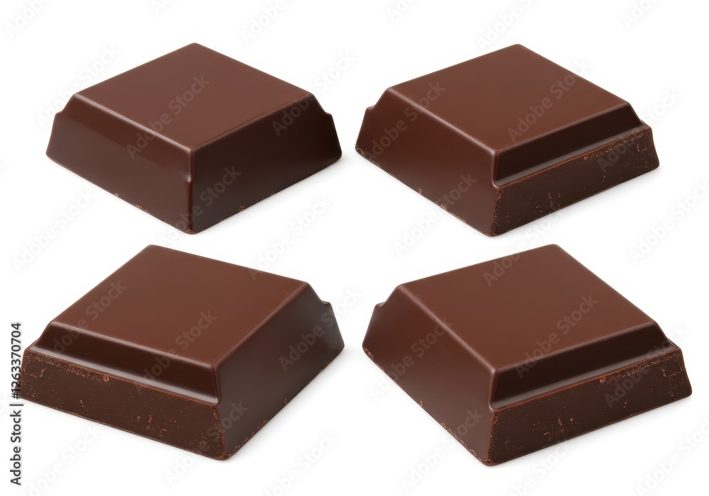 Dark chocolate squares with a smooth surface and sharp edges isolated on a white background Dark chocolate squares with a smooth surface and sharp edges isolated on a white background