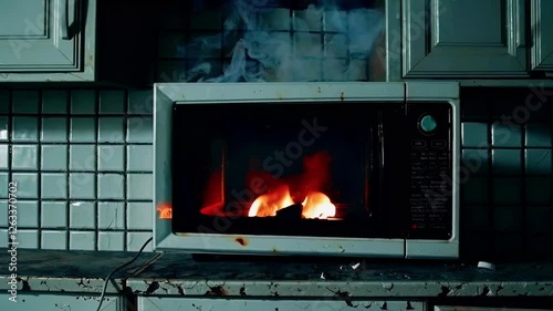 Mysterious flames arise from microwave in an abandoned kitchen setting