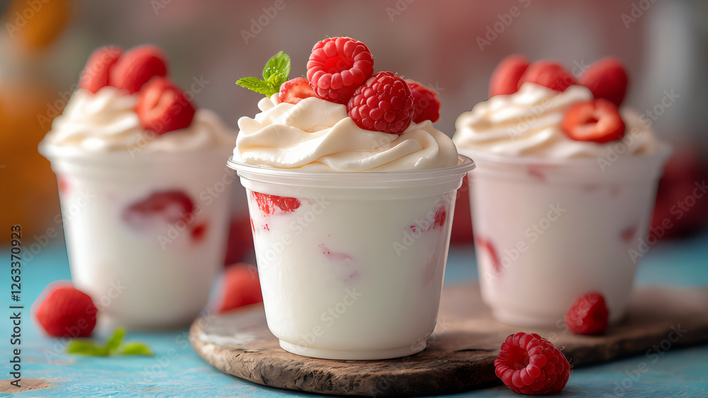 three caps of raspberry mousse Greek yogurt dessert with strawberry three caps of raspberry mousse Greek yogurt dessert with strawberry