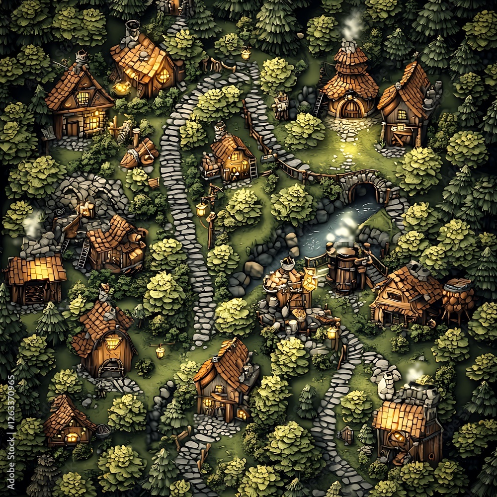 Fototapeta premium Enchanting Fairytale Village nestled in a lush green forest.