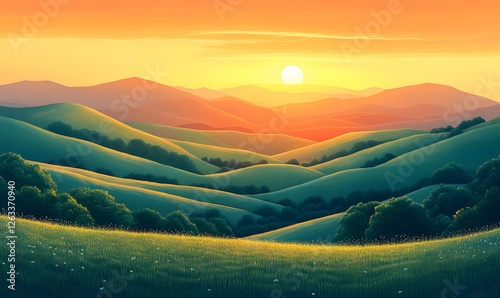 Rolling Green Hills at Sunset with a Soft Warm Glow Landscape Scene of Serenity