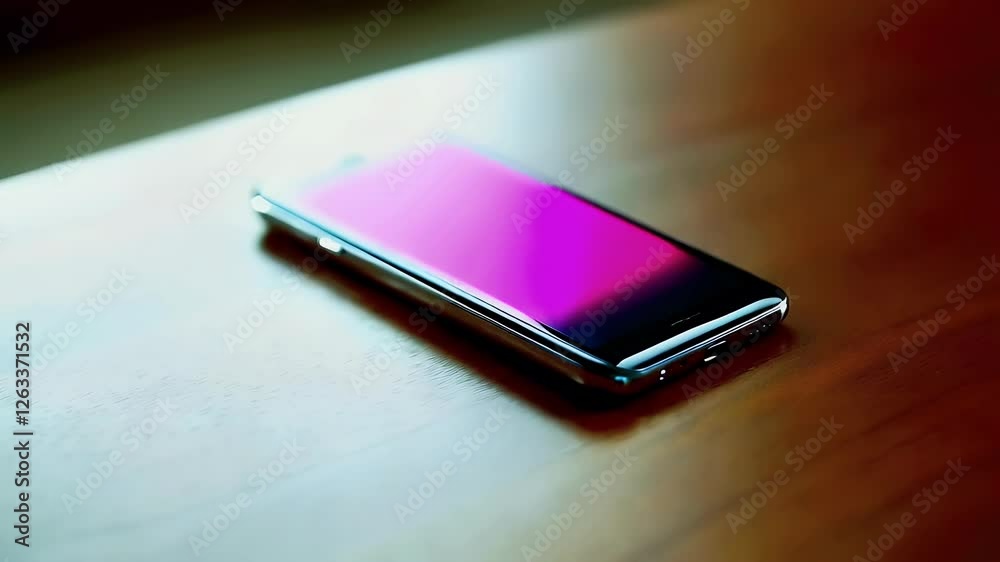 Reflection on a smartphone resting on a wooden table in soft light Reflection on a smartphone resting on a wooden table in soft light