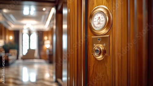 Luxurious entryway door with security panel and clock photo