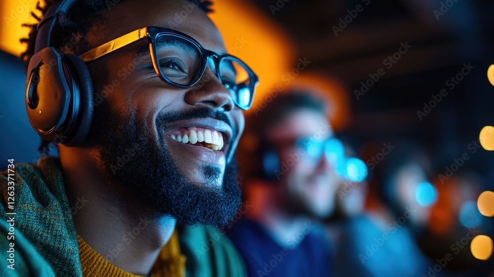 This engaging photo highlights a smiling man wearing headphones, embodying enthusiasm while gaming, portraying a lively vibe shared among friends in a fun and immersive environment. This engaging photo highlights a smiling man wearing headphones, embodying enthusiasm while gaming, portraying a lively vibe shared among friends in a fun and immersive environment.