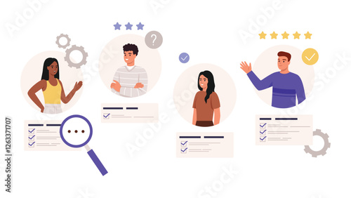 Vector illustration of job hiring. Cartoon scenes of job candidate resumes, boys and girls on websites, magnifying glass, star ratings, information lines, check marks isolated on white background.
