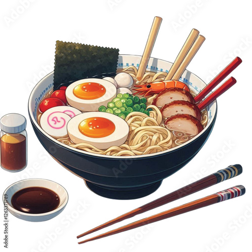 A high-quality, high-resolution anime-style vector illustration of a bowl of lighcolored ramen with a couple of chopsticks on a simple white background. The ramen contains broth, noodles, and colorful