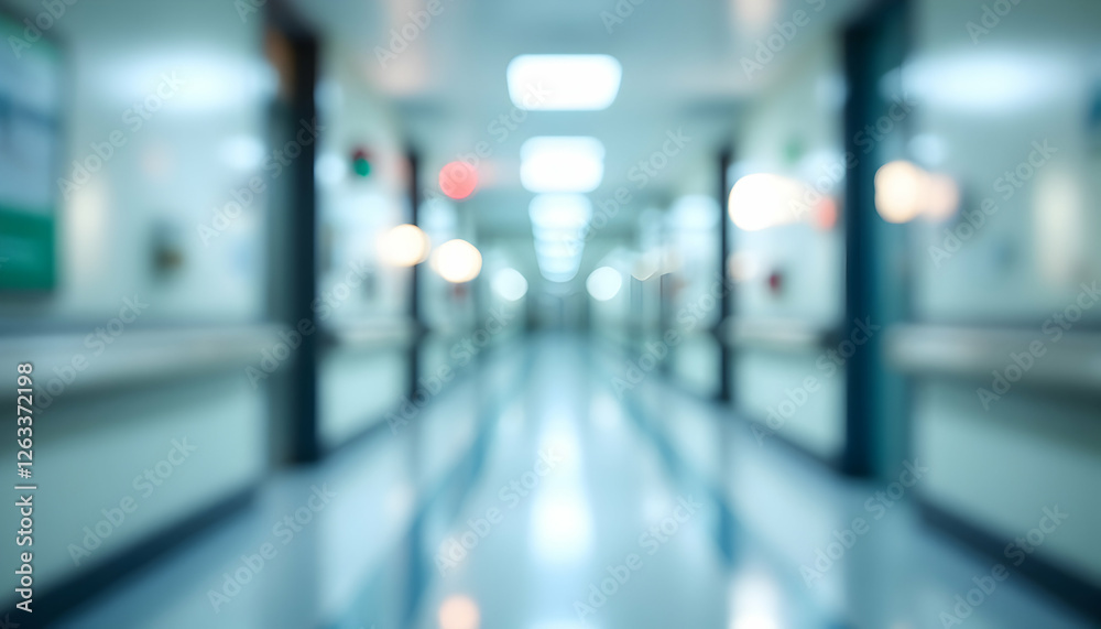 Blurred hospital hallway perspective evokes sense of clinical atmosphere Blurred hospital hallway perspective evokes sense of clinical atmosphere