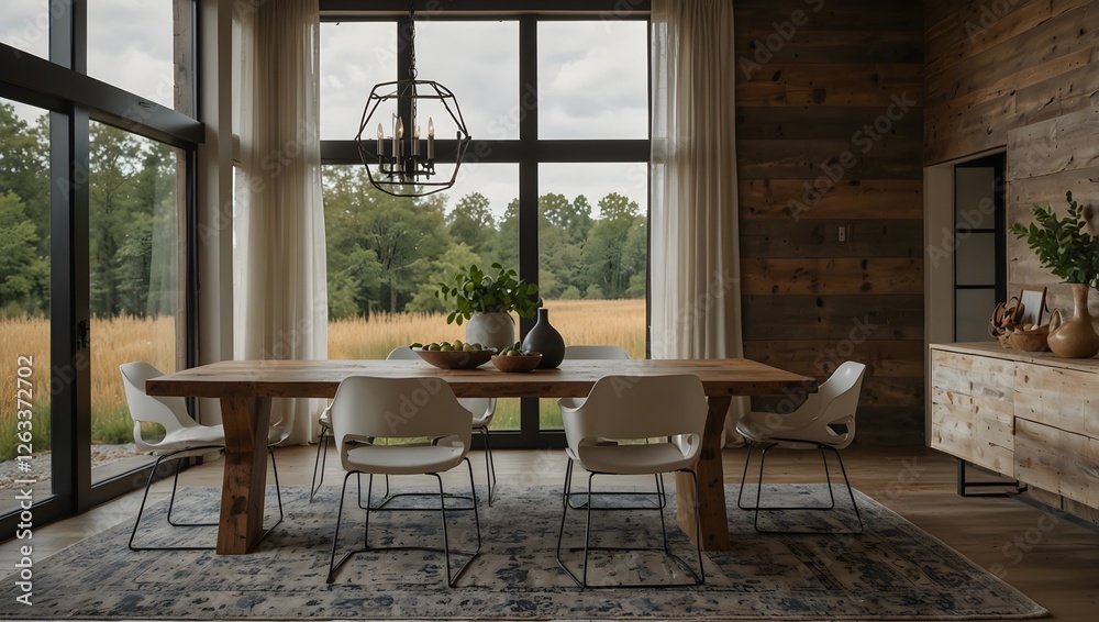 Obraz premium Dining area with large wooden table, modern chairs, rustic wood paneling, and expansive windows with rural view