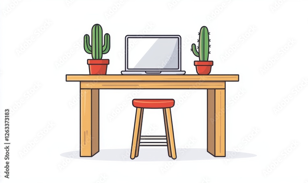 Minimalist desk scene with a laptop surrounded by cacti in planters