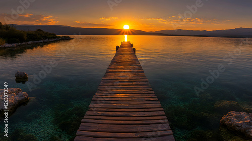A wooden pier extending into a crystal-clear lake under a golden sunset, symbolizing peace and happiness