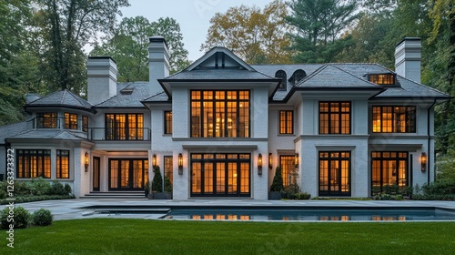 Luxurious Estate Home Backlit at Dusk with Pool photo