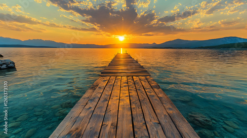 A wooden pier extending into a crystal-clear lake under a golden sunset, symbolizing peace and happiness