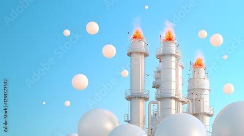 Cinematic view of oil refinery with flames and bubbles against blue sky. scene captures industrial beauty and energy of facility at sunset