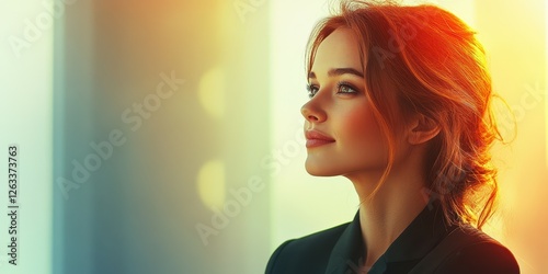 Portrait of a thoughtful woman with warm lighting in a modern indoor setting during daylight photo