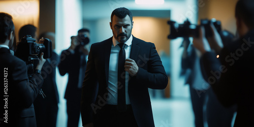 Determined bodyguard in a black suit adjusting his tie while walking through a crowd of photographers in a high-security event setting. photo