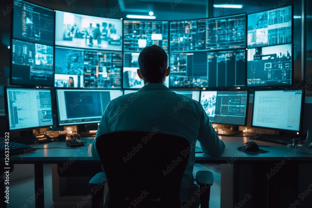 An analyst immersed in data at a futuristic control center during nighttime An analyst immersed in data at a futuristic control center during nighttime