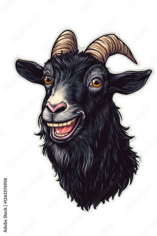 A beautifully illustrated black goat with a happy expression, exuding a joyful charm through its bright smile and whimsical character, perfect for animal art. A beautifully illustrated black goat with a happy expression, exuding a joyful charm through its bright smile and whimsical character, perfect for animal art.