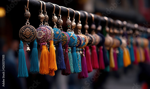 Wallpaper Mural Colorful earrings with intricate designs and vibrant tassels on display at a market, showcasing beautiful craftsmanship and cultural artistry in jewelry Torontodigital.ca