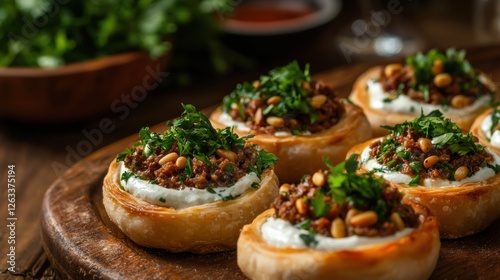 Traditional Lebanese Sfiha, mini open-faced meat pies with spiced lamb and parsley, vibrant colors, cultural cuisine photo