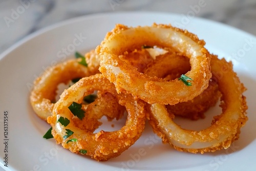 Crispy onion rings piled high on a white plate garnished with fresh herbs