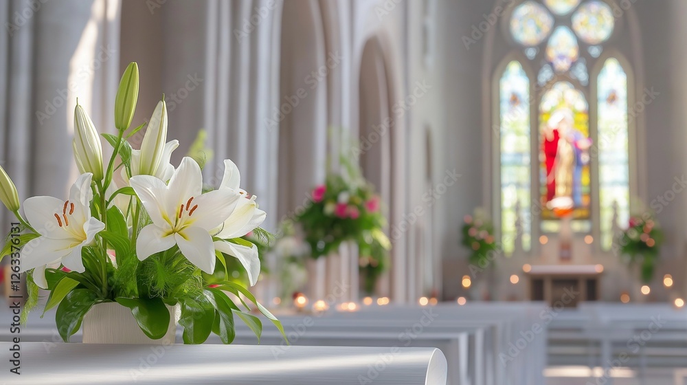Fototapeta premium church interior decorated for Easter, with white lilies, candles, and a bright stained-glass window