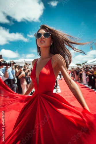 Red dress woman red carpet sunglasses windblown hair