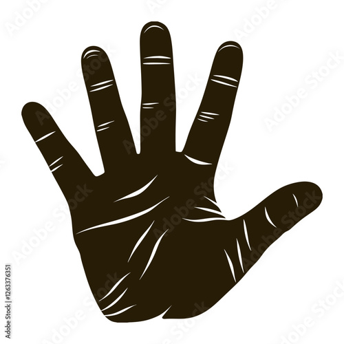 Open human hand showing palm and five fingers with visible palm lines, creating a detailed anatomical representation, conveying concepts of greeting, openness, or counting