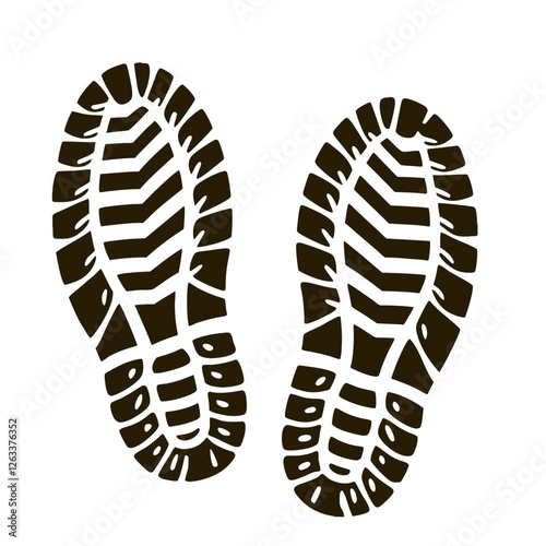 Two clearly defined black bootprints on a white background, showcasing the distinct tread pattern of hiking boots, ideal for representing outdoor activities