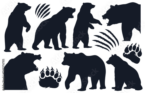 Featuring various bear silhouettes in dynamic poses, including roaring, standing, and walking, along with claws and paw prints for a comprehensive bear themed graphic collection
