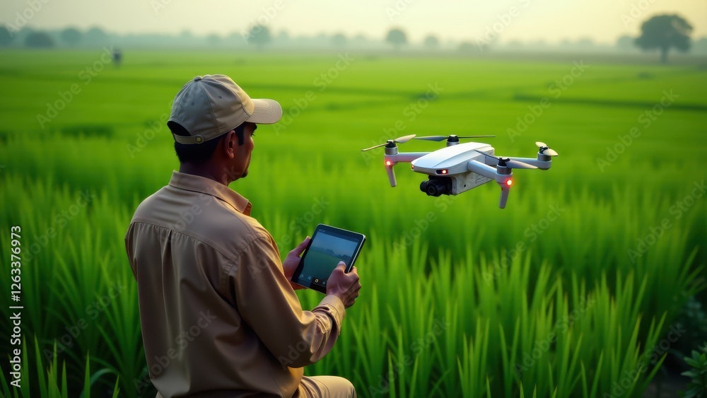 Drone and operator in a vivid green field, demonstrating innovative precision farming methods for better crop monitoring. Drone and operator in a vivid green field, demonstrating innovative precision farming methods for better crop monitoring.