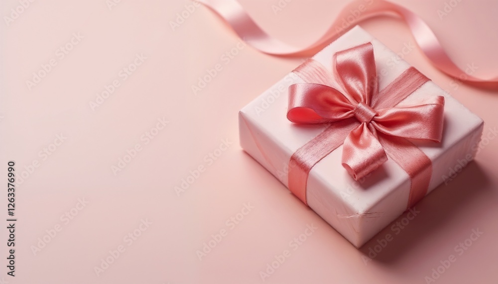 Fototapeta premium Stylish pink gift box with satin ribbon and bow on soft pastel background for celebrations