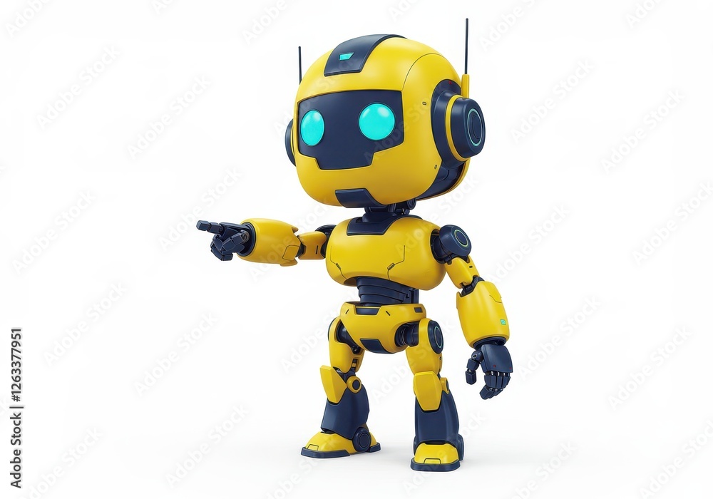 Cute robot with a futuristic design standing upright and pointing isolated on white background Cute robot with a futuristic design standing upright and pointing isolated on white background