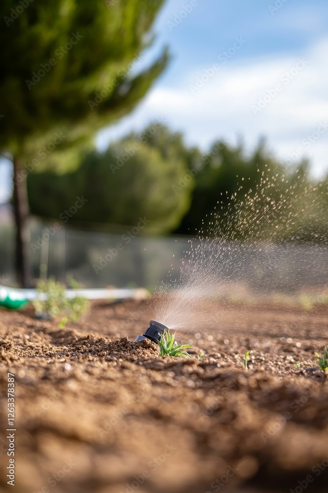 Sprinkler waters young plants, sunny day Sprinkler waters young plants, sunny day