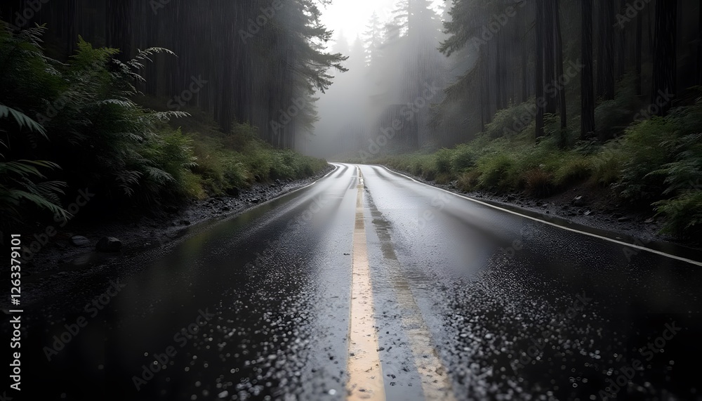 Obraz premium Rainy Road Through Foggy Forest Landscape Photography