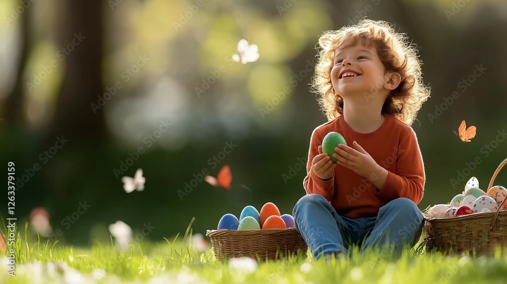 child sitting on the grass, holding a brightly colored egg and smiling, with a basket full of eggs and a blooming spring meadow in the background child sitting on the grass, holding a brightly colored egg and smiling, with a basket full of eggs and a blooming spring meadow in the background