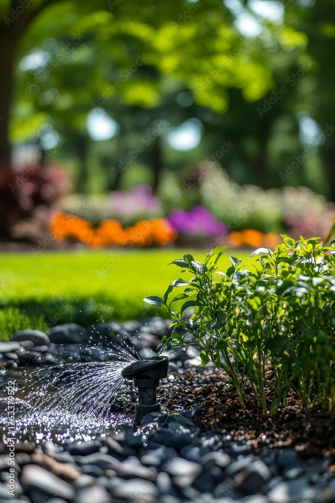 Garden sprinkler waters lush green plants. Garden sprinkler waters lush green plants.