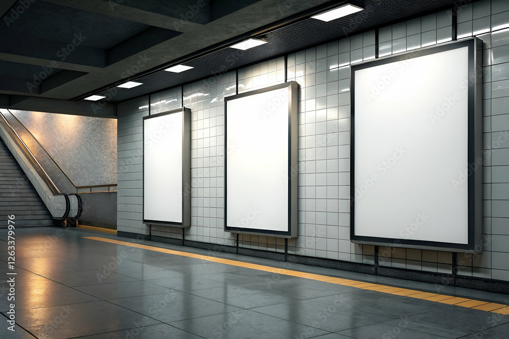 Three Blank Advertisement Billboards In Subway Station With EscalatorsAnd Three Blank Advertisement Billboards In Subway Station With EscalatorsAnd