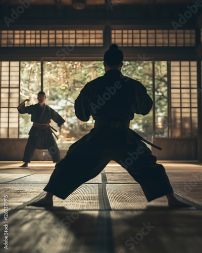 Ninja practicing martial arts in a traditional dojo, focusing on technique and discipline