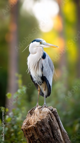 Heron perched on stump, forest background, nature wildlife