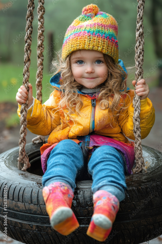 Colorfully dressed child sitting on tire swing on rainy day Colorfully dressed child sitting on tire swing on rainy day