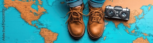 Traveler's boots on world map, camera nearby.  Global adventure concept photo