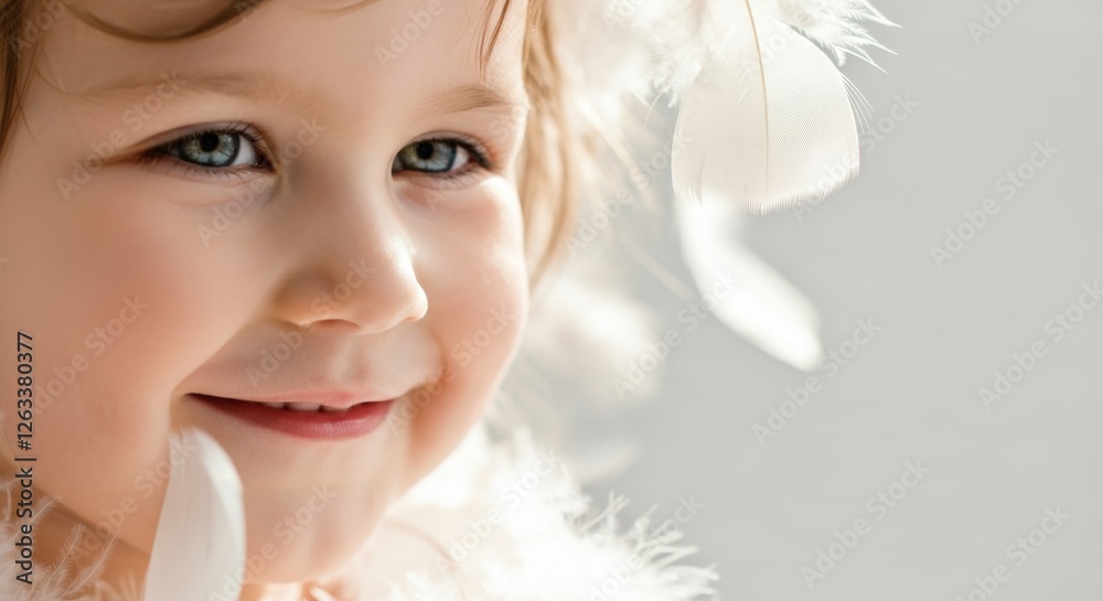 Caucasian child smiling with white feathers in bright light Caucasian child smiling with white feathers in bright light