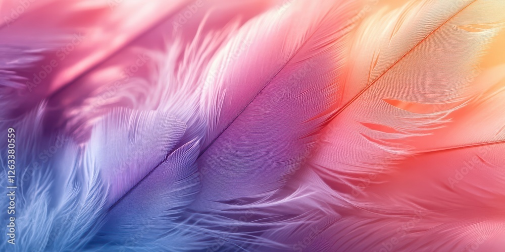 Colorful feathers arranged artistically in soft gradients of pink and blue highlighting their delicate texture Colorful feathers arranged artistically in soft gradients of pink and blue highlighting their delicate texture