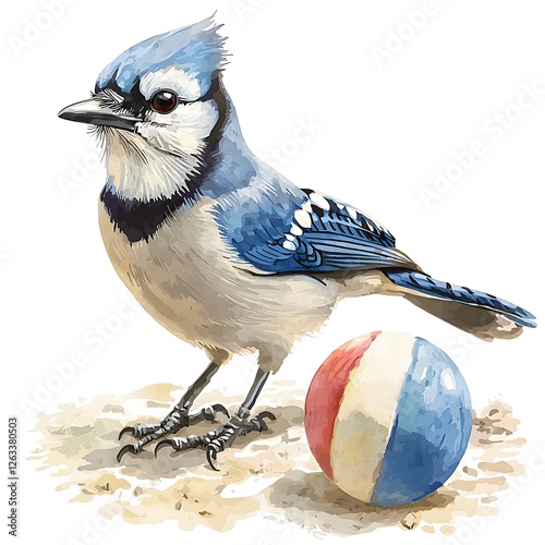 Blue Jay and Beach Ball A Whimsical Watercolor Illustration. photo