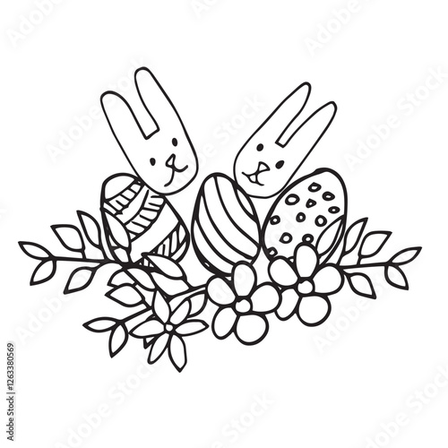 Vector easter composition with doodle elements illustration eggs plant elements flowers leaves . Design for greeting card and invitations highlighted on a white background