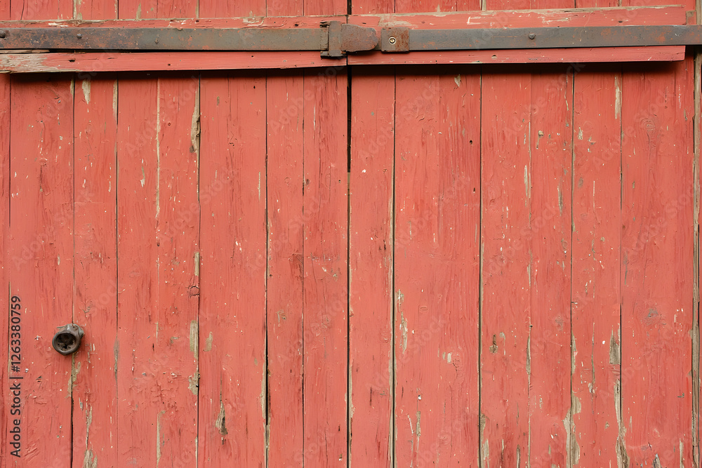Rustic charm of an old barn door in weathered red. Hints of age and history visible in the peeling paint and aged metal hardware detail. A classic vintage aesthetic.