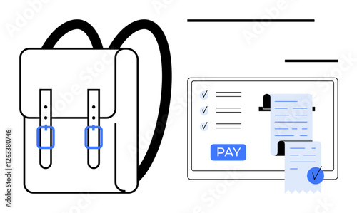 Backpack next to a tablet showing a payment receipt, highlighting the convenience of online purchases. Ideal for e-commerce, digital payments, shopping, budgeting, technology, finance, education
