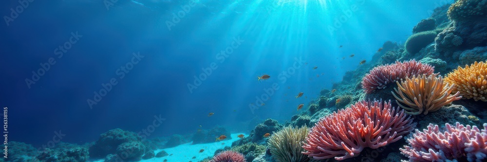 Deep blue ocean waves gently lap at coral reef, schools of fish swim in the background, sea, life, marine Deep blue ocean waves gently lap at coral reef, schools of fish swim in the background, sea, life, marine
