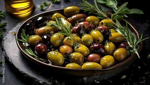 Marinated green and black olives with fresh rosemary and herbs on a rustic dark background