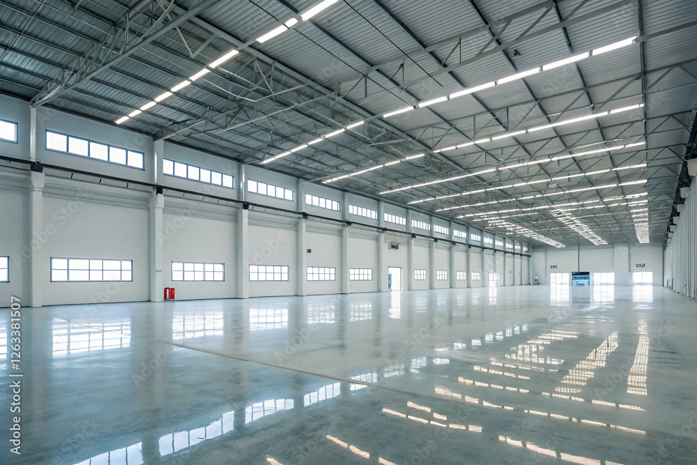 Bright Empty Warehouse Interior With White Walls And Polished Concrete Floor Bright Empty Warehouse Interior With White Walls And Polished Concrete Floor
